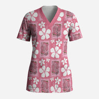 Give Cancer The Boot Pink Cowgirl Scrub Top Western Aloha Hibiscus Paniolo Heritage Floral