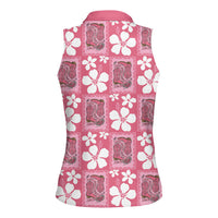 Give Cancer The Boot Pink Cowgirl Women Sleeveless Polo Shirt Western Aloha Hibiscus Paniolo Heritage Floral