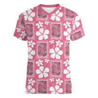 Give Cancer The Boot Pink Cowgirl Women V-Neck T-Shirt Western Aloha Hibiscus Paniolo Heritage Floral