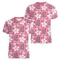 Give Cancer The Boot Pink Cowgirl Women V-Neck T-Shirt Western Aloha Hibiscus Paniolo Heritage Floral
