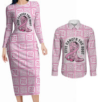 Give Cancer The Boot Pink Cowgirl Couples Matching Long Sleeve Bodycon Dress and Long Sleeve Button Shirt Hawaiian Paniolo Mixed Quilt Pattern Style