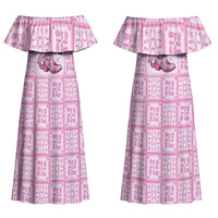 Give Cancer The Boot Pink Cowgirl Couples Matching Off Shoulder Maxi Dress and Long Sleeve Button Shirt Hawaiian Paniolo Mixed Quilt Pattern Style