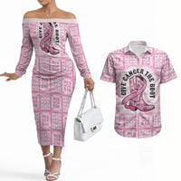 Give Cancer The Boot Pink Cowgirl Couples Matching Off The Shoulder Long Sleeve Dress and Hawaiian Shirt Hawaiian Paniolo Mixed Quilt Pattern Style