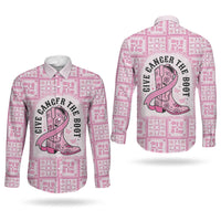 Give Cancer The Boot Pink Cowgirl Couples Matching Off The Shoulder Long Sleeve Dress and Long Sleeve Button Shirt Hawaiian Paniolo Mixed Quilt Pattern Style