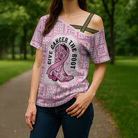 Give Cancer The Boot Pink Cowgirl Cross Shoulder Shirt Hawaiian Paniolo Mixed Quilt Pattern Style