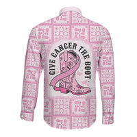 Give Cancer The Boot Pink Cowgirl Long Sleeve Button Shirt Hawaiian Paniolo Mixed Quilt Pattern Style