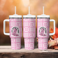 Give Cancer The Boot Pink Cowgirl Tumbler With Handle Hawaiian Paniolo Mixed Quilt Pattern Style