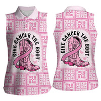 Give Cancer The Boot Pink Cowgirl Women Sleeveless Polo Shirt Hawaiian Paniolo Mixed Quilt Pattern Style