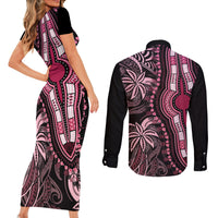 polynesia-dashiki-couples-matching-short-sleeve-bodycon-dress-and-long-sleeve-button-shirts-polynesia-and-africa-traditional-special-together-pink