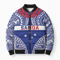 Personalised Toa Samoa Rugby Spirit Bomber Puffer Jacket Blue Samoan Tribal Pattern - Polynesian Pride