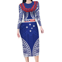 Personalised Toa Samoa Rugby Spirit Long Sleeve Bodycon Dress Blue Samoan Tribal Pattern - Polynesian Pride