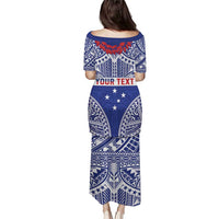 Personalised Toa Samoa Rugby Spirit Puletasi Blue Samoan Tribal Pattern - Polynesian Pride