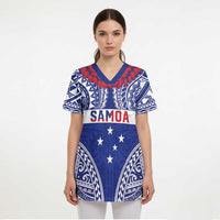Personalised Toa Samoa Rugby Spirit Scrub Top Blue Samoan Tribal Pattern - Polynesian Pride