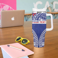 Personalised Toa Samoa Rugby Spirit Tumbler With Handle Blue Samoan Tribal Pattern - Polynesian Pride