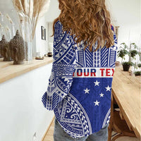 Personalised Toa Samoa Rugby Spirit Women Casual Shirt Blue Samoan Tribal Pattern - Polynesian Pride
