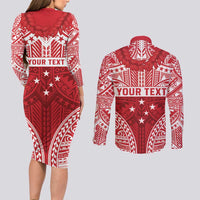 Personalised Toa Samoa Rugby Spirit Couples Matching Long Sleeve Bodycon Dress and Long Sleeve Button Shirt Red Samoan Tribal Pattern - Polynesian Pride