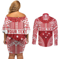 Personalised Toa Samoa Rugby Spirit Couples Matching Off Shoulder Short Dress and Long Sleeve Button Shirt Red Samoan Tribal Pattern - Polynesian Pride