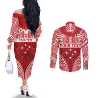 Personalised Toa Samoa Rugby Spirit Couples Matching Off The Shoulder Long Sleeve Dress and Long Sleeve Button Shirt Red Samoan Tribal Pattern - Polynesian Pride