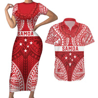 Personalised Toa Samoa Rugby Spirit Couples Matching Short Sleeve Bodycon Dress and Hawaiian Shirt Red Samoan Tribal Pattern - Polynesian Pride