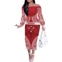Personalised Toa Samoa Rugby Spirit Family Matching Off The Shoulder Long Sleeve Dress and Hawaiian Shirt Red Samoan Tribal Pattern - Polynesian Pride