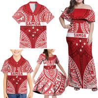 Personalised Toa Samoa Rugby Spirit Family Matching Off Shoulder Maxi Dress and Hawaiian Shirt Red Samoan Tribal Pattern - Polynesian Pride