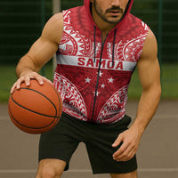 Personalised Toa Samoa Rugby Spirit Sleeveless Zip Hoodie Red Samoan Tribal Pattern LT9 - Polynesian Pride