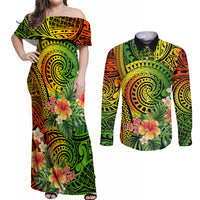 Polynesia Couples Matching Off Shoulder Maxi Dress and Long Sleeve Button Shirt Pasifika Tribal with Tropical Flowers LT9 Reggae - Polynesian Pride