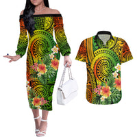 Polynesia Couples Matching Off The Shoulder Long Sleeve Dress and Hawaiian Shirt Pasifika Tribal with Tropical Flowers LT9 Reggae - Polynesian Pride