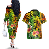 Polynesia Couples Matching Off The Shoulder Long Sleeve Dress and Hawaiian Shirt Pasifika Tribal with Tropical Flowers LT9 - Polynesian Pride