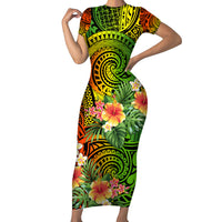 Polynesia Short Sleeve Bodycon Dress Pasifika Tribal with Tropical Flowers LT9 Long Dress Reggae - Polynesian Pride
