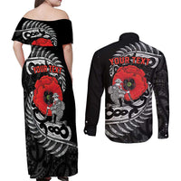 ANZAC Day Aotearoa Silver Fern Maori Personalised Couples Matching Off Shoulder Maxi Dress and Long Sleeve Button Shirt