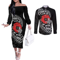 ANZAC Day Aotearoa Silver Fern Maori Personalised Couples Matching Off The Shoulder Long Sleeve Dress and Long Sleeve Button Shirt