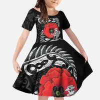 ANZAC Day Aotearoa Silver Fern Maori Personalised Family Matching Short Sleeve Bodycon Dress and Hawaiian Shirt LT9 Daughter's Dress Black - Polynesian Pride