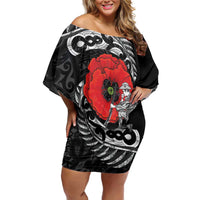 ANZAC Day Aotearoa Silver Fern Maori Personalised Off Shoulder Short Dress LT9 Women Black - Polynesian Pride