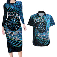 New Zealand Darts Personalised Couples Matching Long Sleeve Bodycon Dress and Hawaiian Shirt Aotearoa Silver Fern Blue Papua Shell Spirit