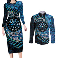 New Zealand Darts Personalised Couples Matching Long Sleeve Bodycon Dress and Long Sleeve Button Shirt Aotearoa Silver Fern Blue Papua Shell Spirit