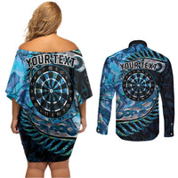 New Zealand Darts Personalised Couples Matching Off Shoulder Short Dress and Long Sleeve Button Shirt Aotearoa Silver Fern Blue Papua Shell Spirit
