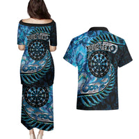 New Zealand Darts Personalised Couples Matching Puletasi and Hawaiian Shirt Aotearoa Silver Fern Blue Papua Shell Spirit