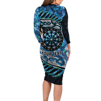 New Zealand Darts Personalised Family Matching Long Sleeve Bodycon Dress and Hawaiian Shirt Aotearoa Silver Fern Blue Papua Shell Spirit