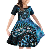 New Zealand Darts Personalised Family Matching Off Shoulder Short Dress and Hawaiian Shirt Aotearoa Silver Fern Blue Papua Shell Spirit
