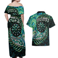New Zealand Darts Personalised Couples Matching Off Shoulder Maxi Dress and Hawaiian Shirt Aotearoa Silver Fern Green Papua Shell Spirit