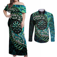 New Zealand Darts Personalised Couples Matching Off Shoulder Maxi Dress and Long Sleeve Button Shirt Aotearoa Silver Fern Green Papua Shell Spirit