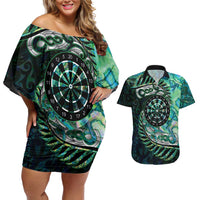 New Zealand Darts Personalised Couples Matching Off Shoulder Short Dress and Hawaiian Shirt Aotearoa Silver Fern Green Papua Shell Spirit