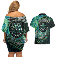 New Zealand Darts Personalised Couples Matching Off Shoulder Short Dress and Hawaiian Shirt Aotearoa Silver Fern Green Papua Shell Spirit