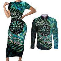 New Zealand Darts Personalised Couples Matching Short Sleeve Bodycon Dress and Long Sleeve Button Shirt Aotearoa Silver Fern Green Papua Shell Spirit