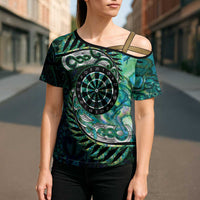 New Zealand Darts Personalised Cross Shoulder Shirt Aotearoa Silver Fern Green Papua Shell Spirit - Polynesian Pride