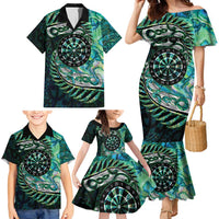 New Zealand Darts Personalised Family Matching Mermaid Dress and Hawaiian Shirt Aotearoa Silver Fern Green Papua Shell Spirit