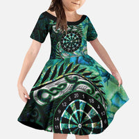 New Zealand Darts Personalised Family Matching Short Sleeve Bodycon Dress and Hawaiian Shirt Aotearoa Silver Fern Green Papua Shell Spirit