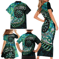 New Zealand Darts Personalised Family Matching Short Sleeve Bodycon Dress and Hawaiian Shirt Aotearoa Silver Fern Green Papua Shell Spirit
