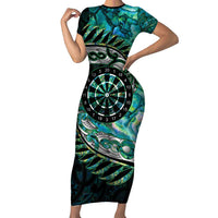 New Zealand Darts Personalised Family Matching Short Sleeve Bodycon Dress and Hawaiian Shirt Aotearoa Silver Fern Green Papua Shell Spirit